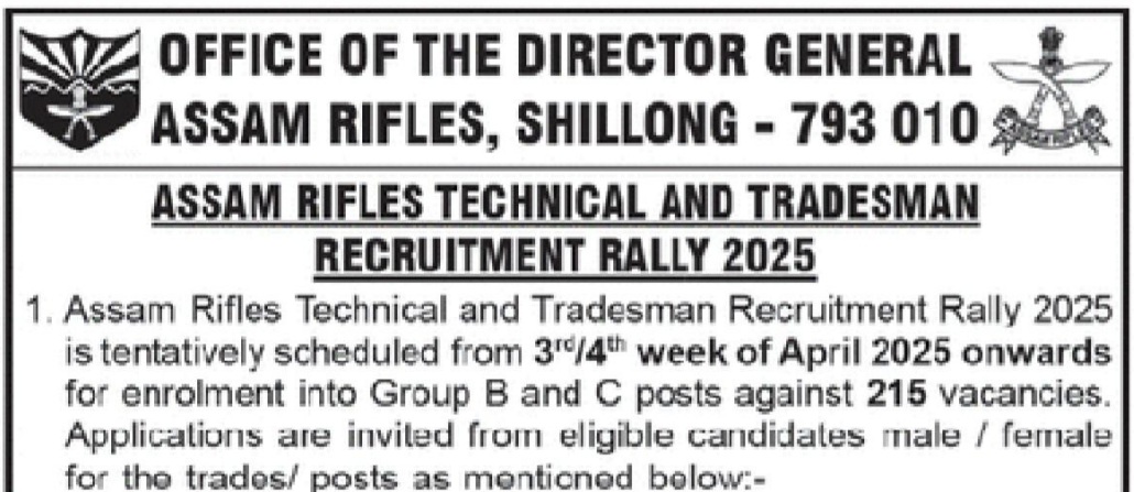 Assam Rifles Technical Tradesman Online Form 2025